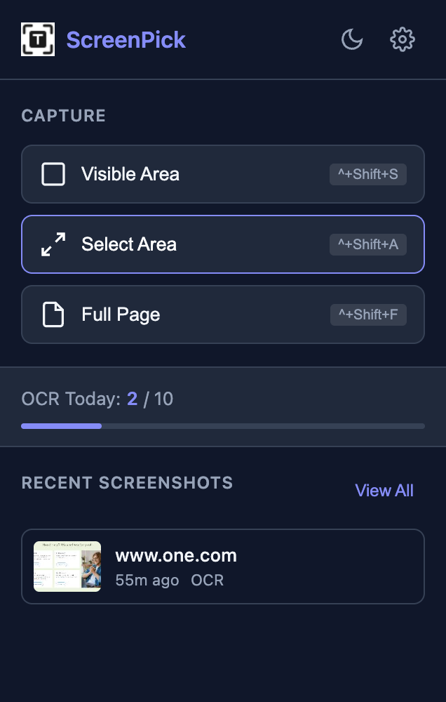 ScreenPick Extension Popup - Quick capture options